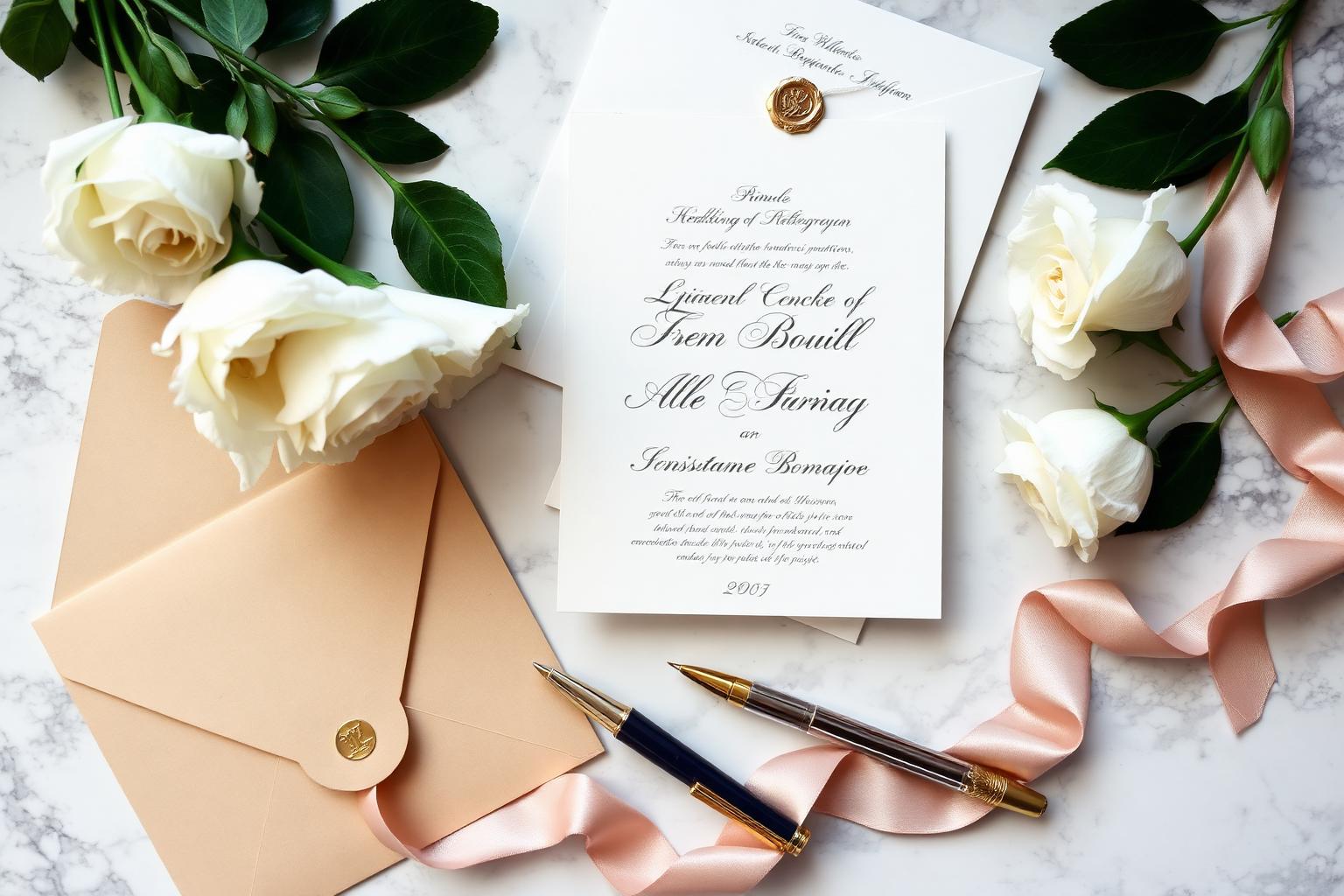 Elegant wedding invitation in calligraphy with gold wax seal, white roses and silk ribbons on marble