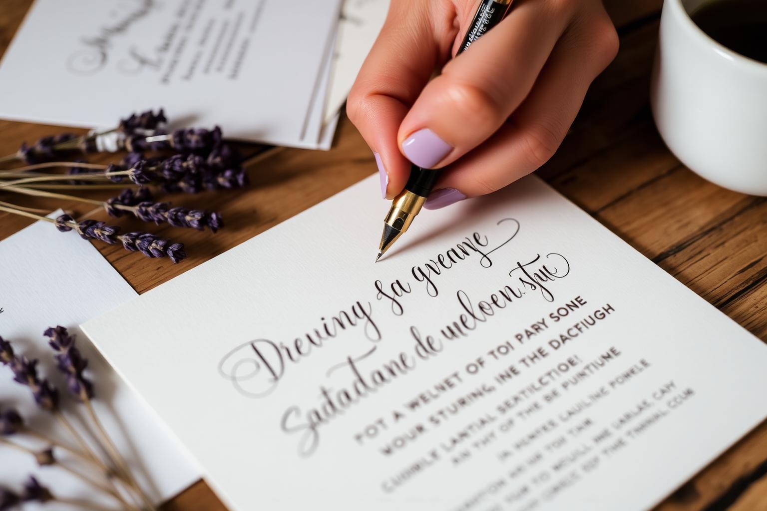 Hand writing wedding invitation wording in calligraphy with dried lavender on a wooden table