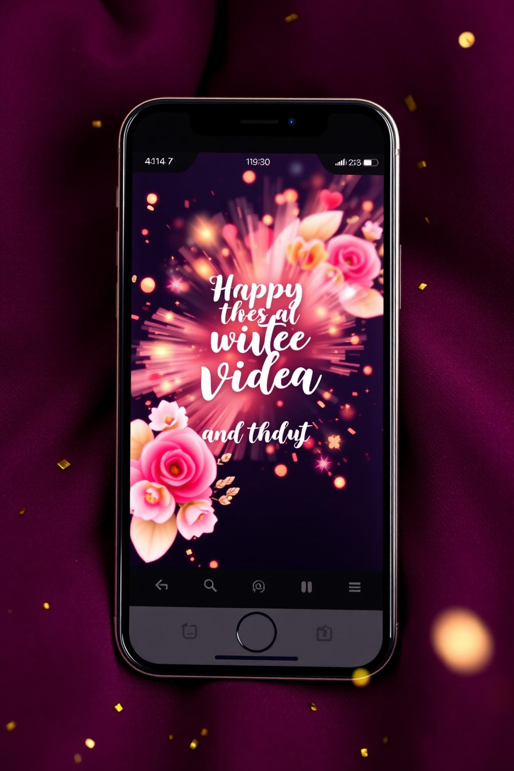 Smartphone playing an animated video invitation with sparkles and flowers on dark velvet background