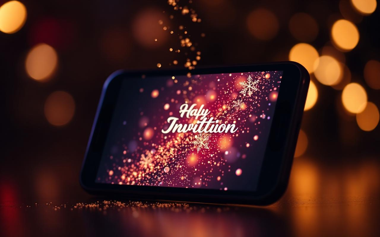 Close-up of a smartphone playing an animated invitation with glittering particles in cinematic lighting