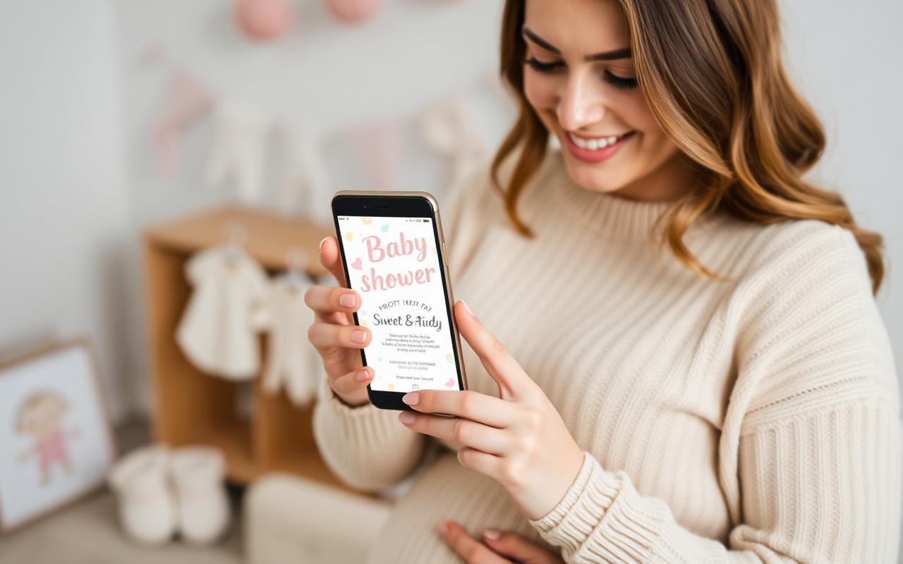 Pregnant woman in cream sweater smiling at a phone showing a sweet baby shower invitation