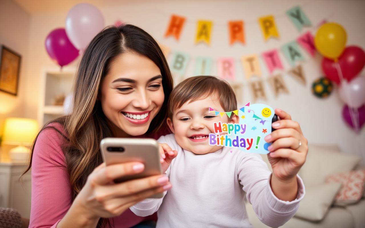 Mother and child smiling at a phone showing a colorful birthday invitation