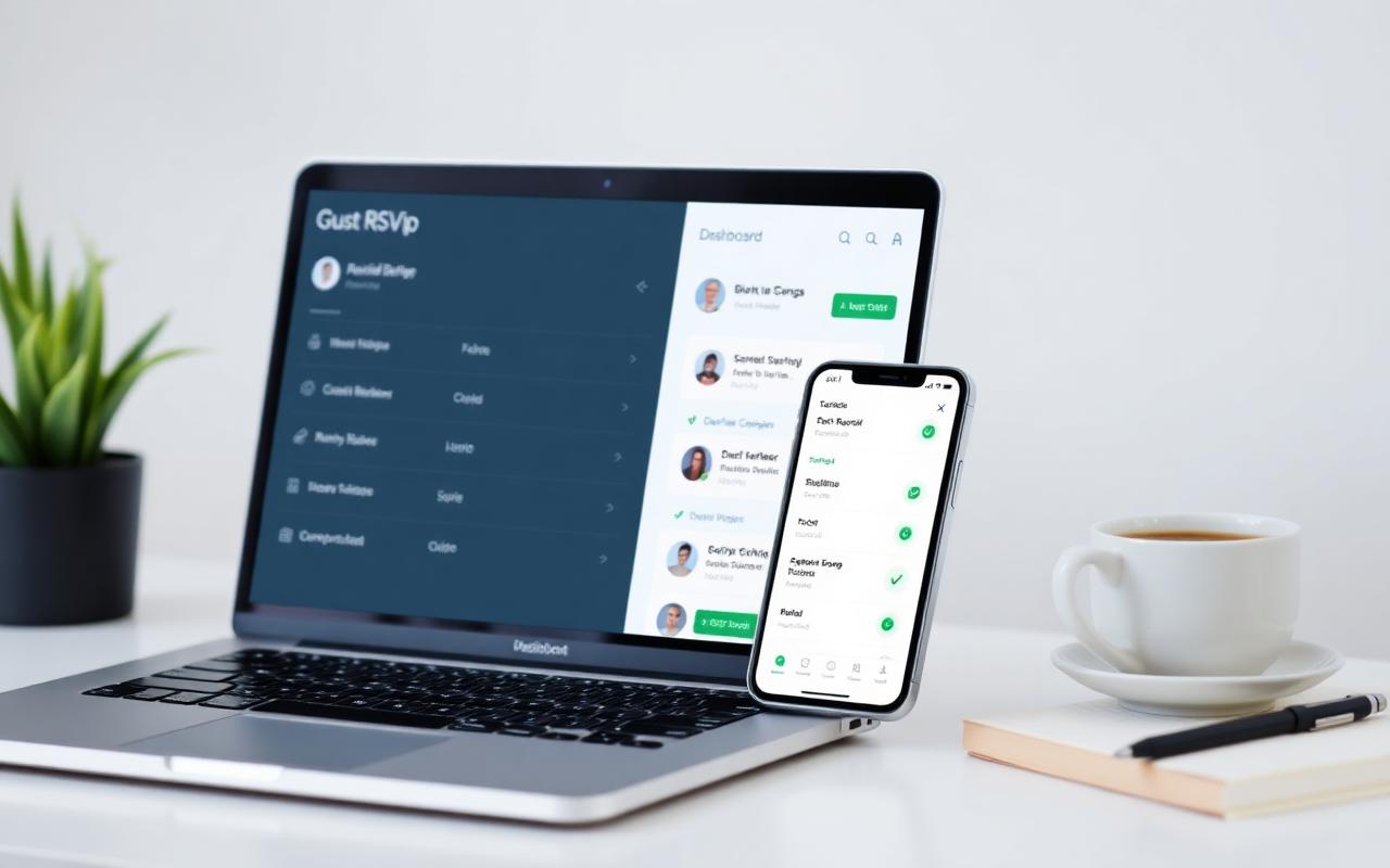 Laptop and smartphone showing a guest RSVP dashboard with green checkmarks on a clean white desk