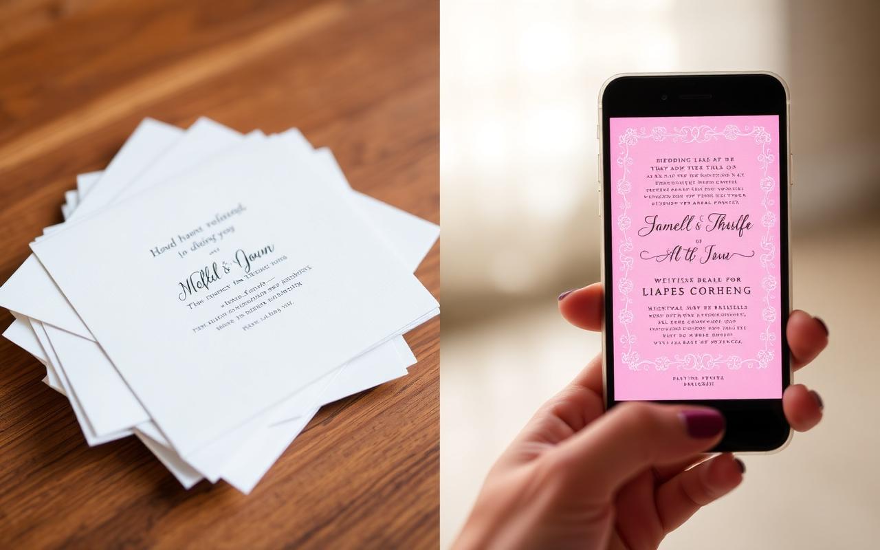 Side-by-side comparison of paper wedding invitations and a digital invitation on a phone
