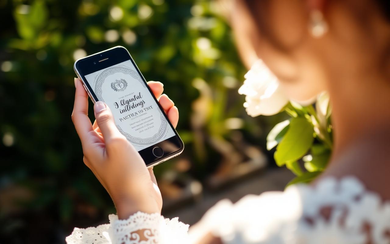 Bride holding a smartphone displaying her elegant digital wedding invitation in a sunlit garden