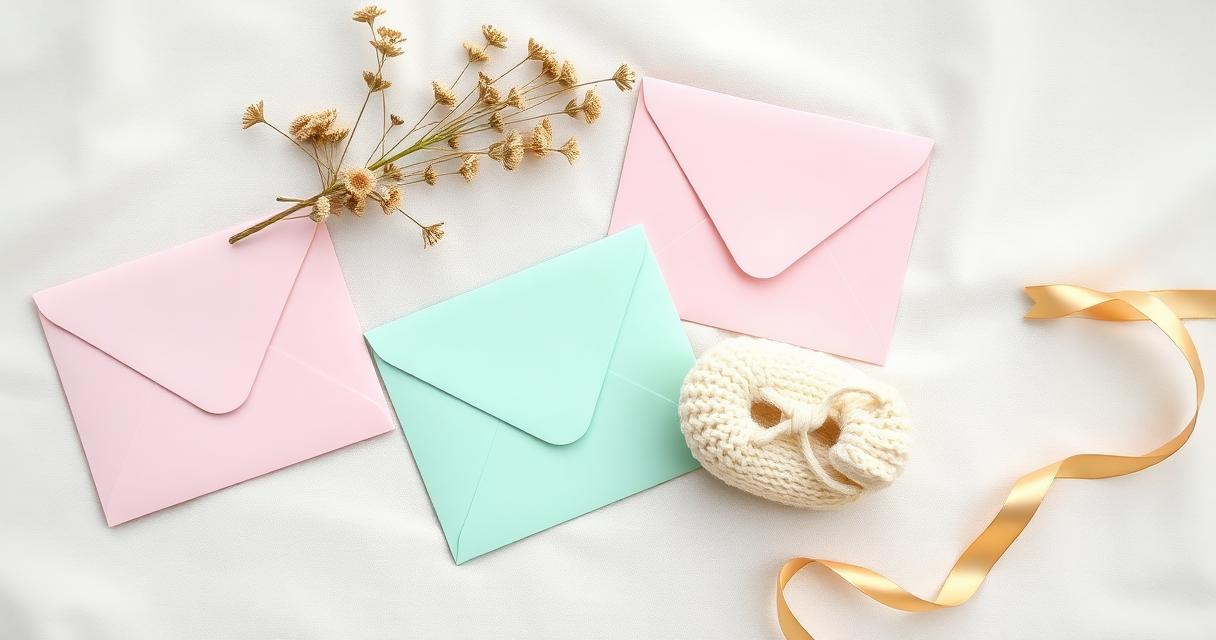 A baby shower thank you card with pastel decorations and a small bouquet