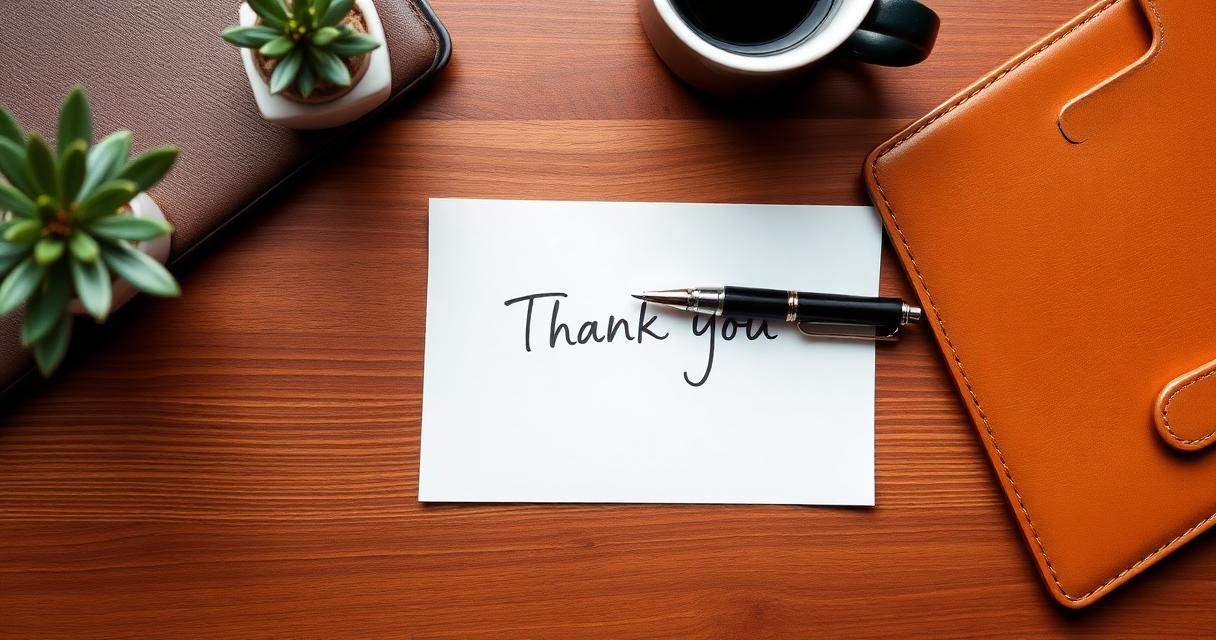 A professional thank you card with a fountain pen on a clean desk