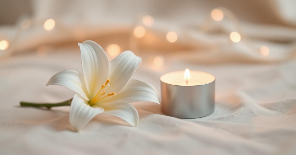 A soft candlelit scene with white flowers, representing a digital sympathy card
