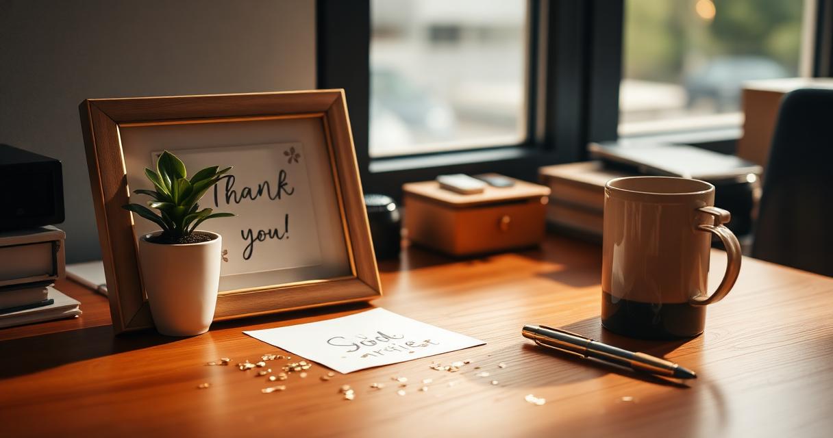 A retirement card on a desk with a fountain pen and a wrapped gift
