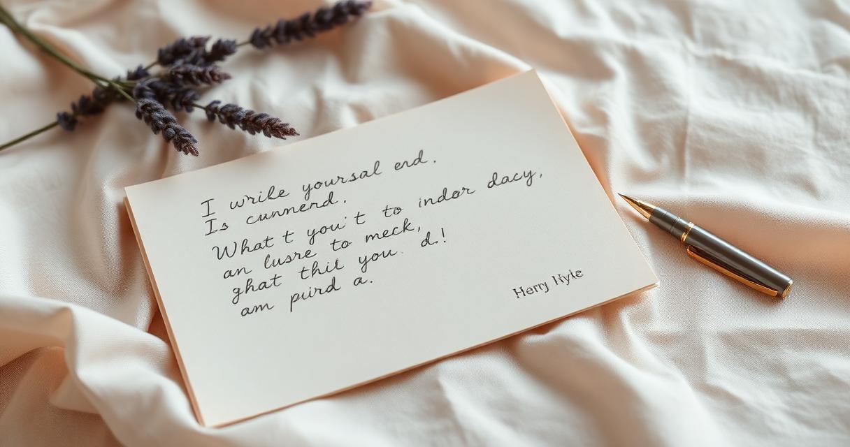 A handwritten sympathy card resting on a wooden table next to white flowers