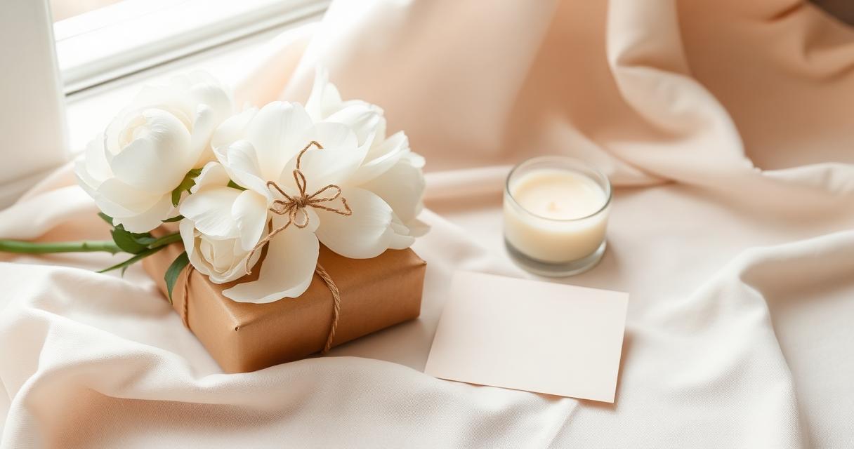 A small memorial keepsake candle on a wooden tray with white flowers