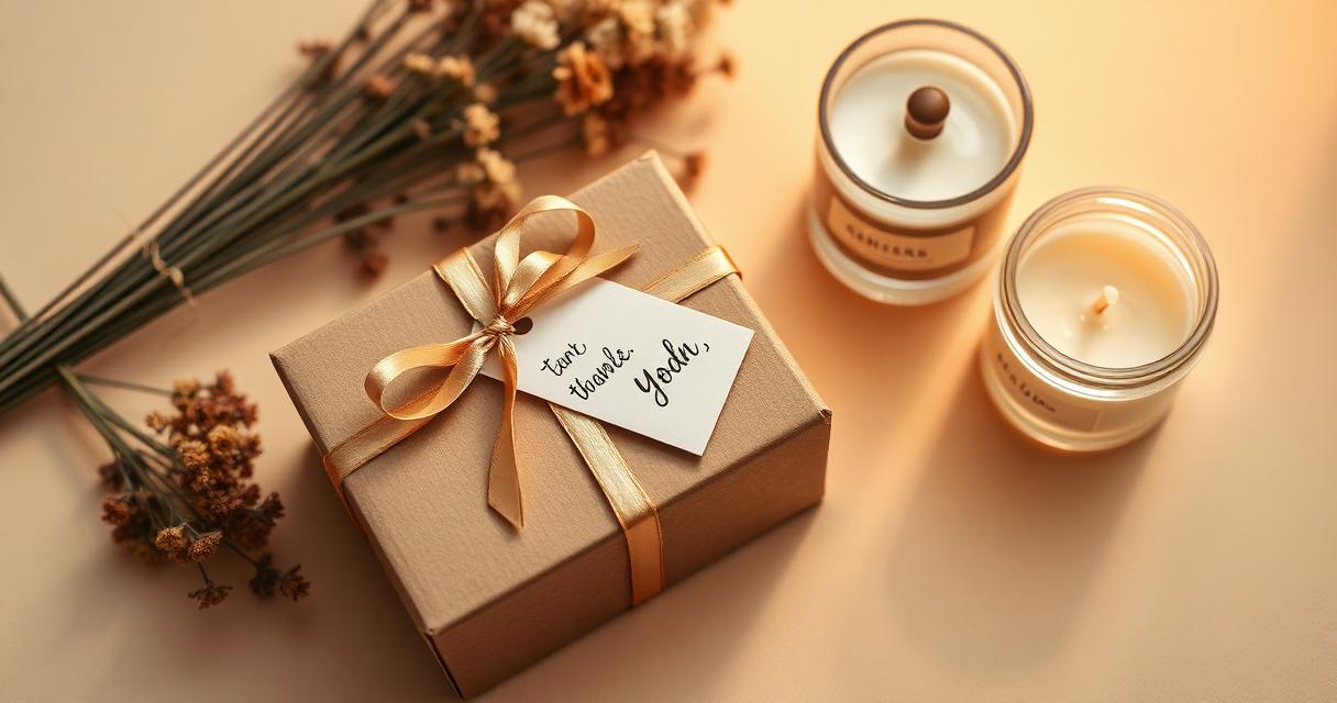 A wrapped thank you gift with a handwritten tag on a wooden table