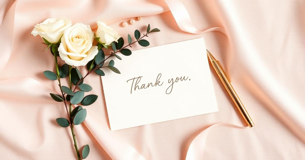 A wedding thank you card resting on a pile of envelopes with a bouquet nearby